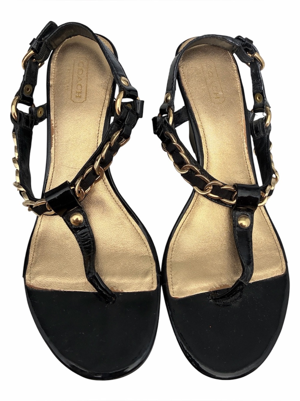 Coach Honora Black Thong Wedge Leather Ankle Strap Goldchain link Sandals size 8